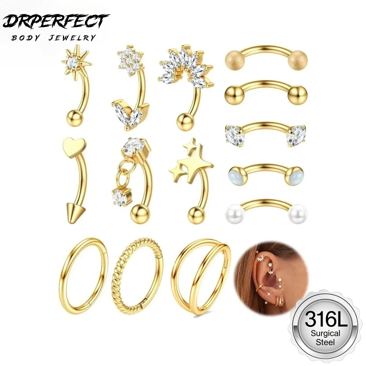 Eyebrow Curved Barbell - Drperfect 1PC Rook Eyebrow Piercing 16G