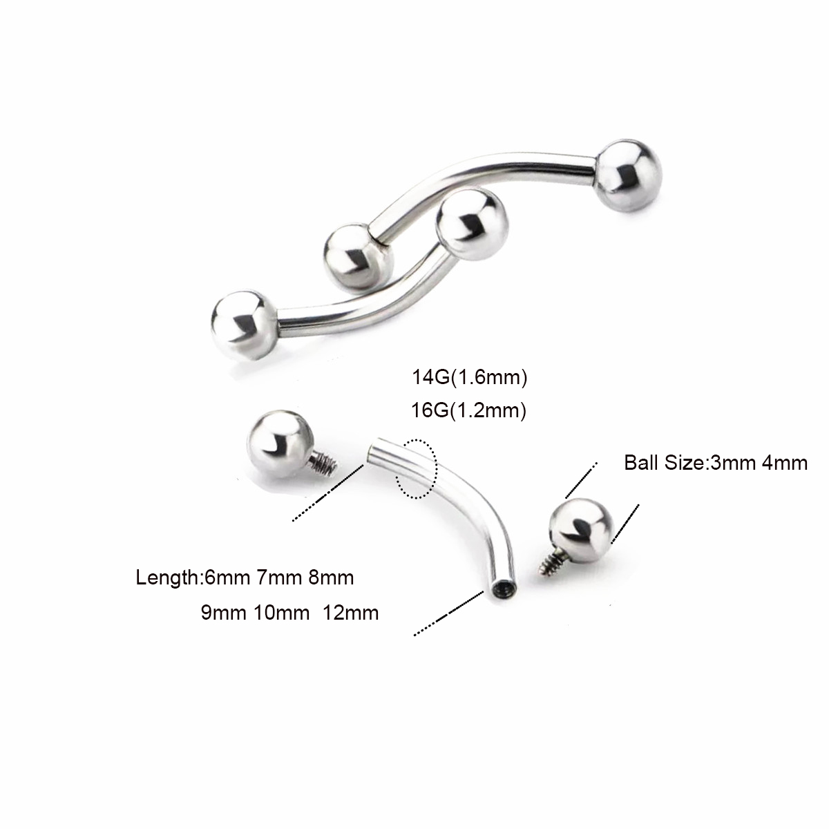 10 Pcs ASTM F136 Titanium 14G  - Eyebrow Curved Barbell ulasan dan harga