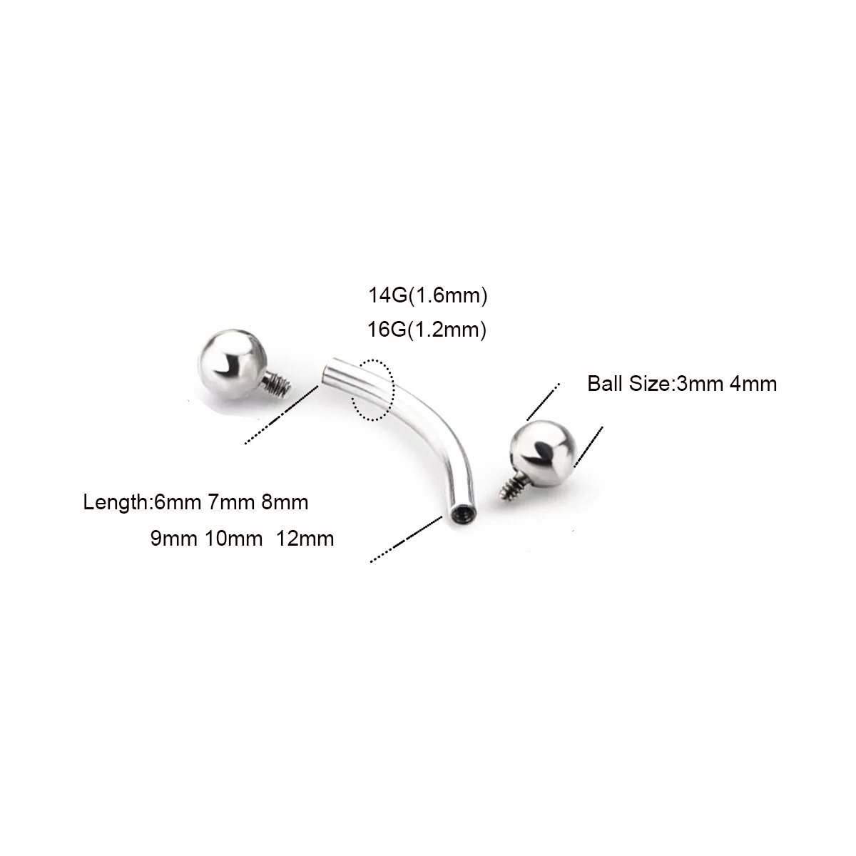 10 Pcs ASTM F136 Titanium 14G  - Eyebrow Curved Barbell ulasan dan harga